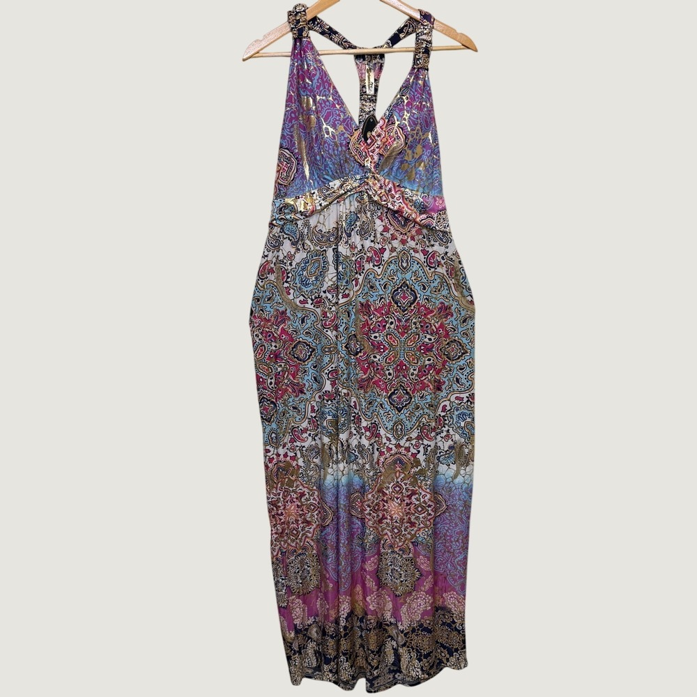 Shoreline Maxi Dress 3XL Purple Paisley Gold Foil Halter Boho Tropical Hippie